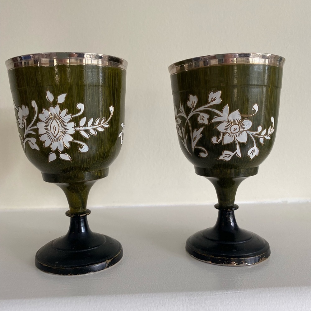 Brass Vintage Wine Goblets Green & white flowers